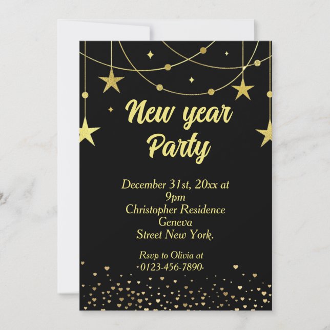 Elegante Moderne Schwarze und Gold New Year Eve Einladung (Vorderseite)