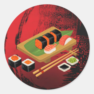 Elegante moderne schwarze und rote Sushi-Party-Ver Runder Aufkleber