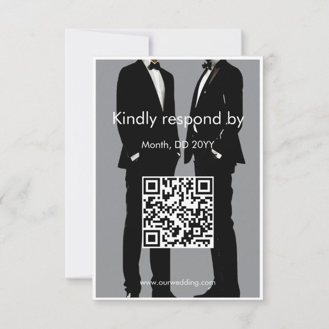 Elegante, moderne Schwule, die QR-Code hochhalten RSVP Karte (Rückseite)