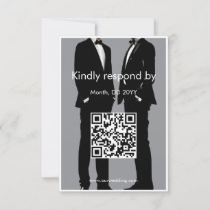 Elegante, moderne Schwule, die QR-Code hochhalten RSVP Karte