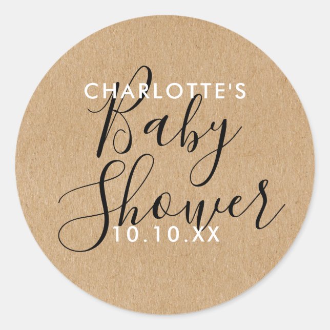 Elegante moderne Script Baby Shower Rustic Kraft Runder Aufkleber (Vorderseite)