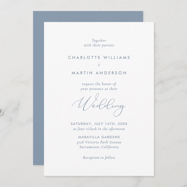 Elegante moderne Script Dusty Blue Wedding Einladung (Vorne/Hinten)