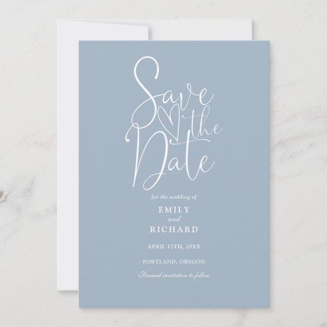 Elegante moderne Script Dusty Blue Wedding Save The Date (Vorderseite)