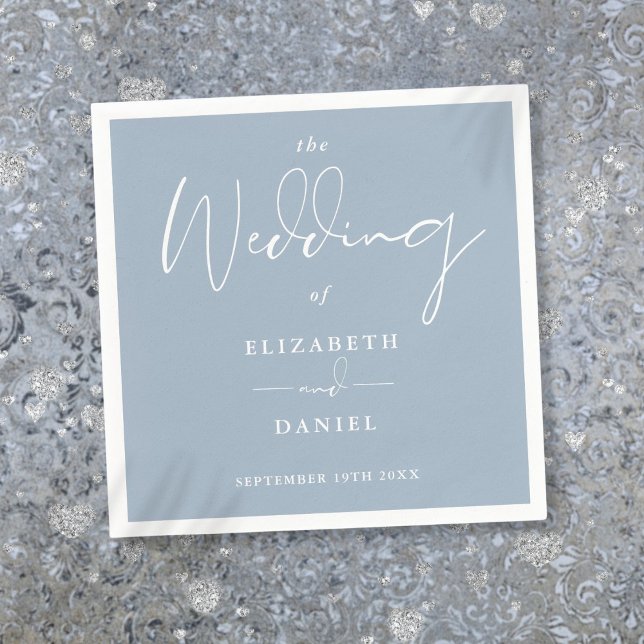 Elegante moderne Script Dusty Blue Wedding Serviette (Elegant Modern Script Dusty Blue Wedding Napkins)