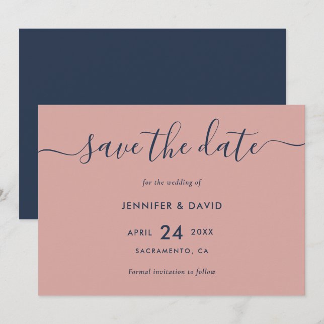 Elegante moderne Script Navy Blue and Blush Weddin Save The Date (Vorne/Hinten)