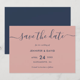 Elegante moderne Script Navy Blue and Blush Weddin Save The Date