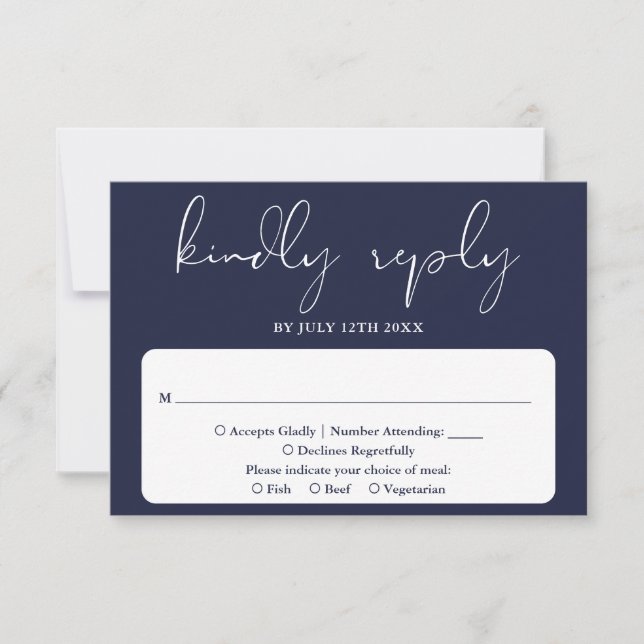 Elegante moderne Script Navy Blue Wedding RSVP Karte (Vorderseite)