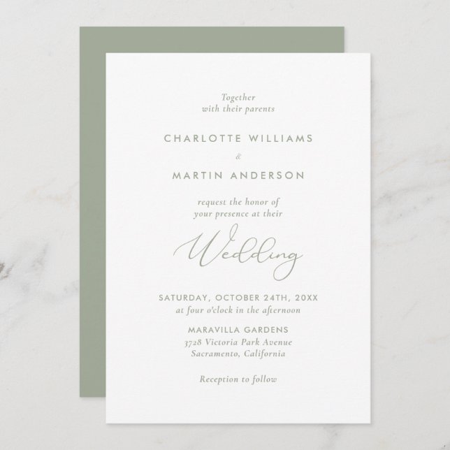 Elegante moderne Script Sage Green Wedding Einladung (Vorne/Hinten)