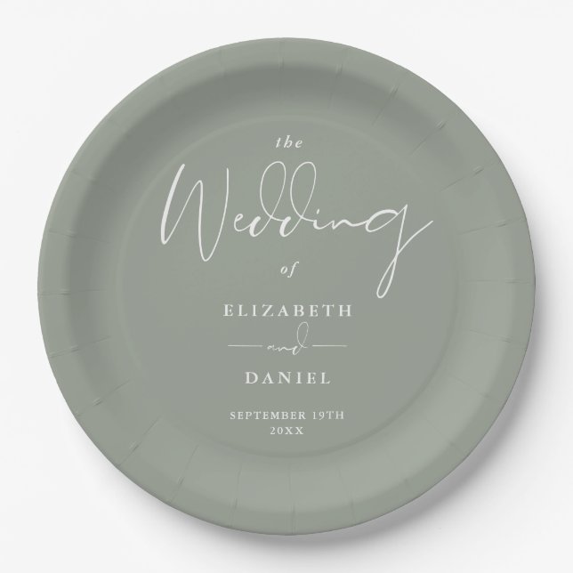 Elegante moderne Script Sage Green Wedding Pappteller (Vorderseite)