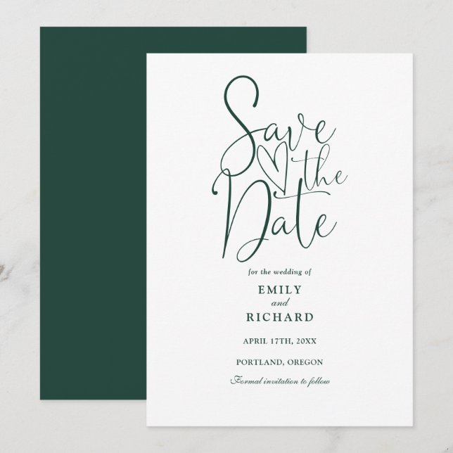Elegante Moderne Script Smarald Green Wedding Save The Date (Vorne/Hinten)