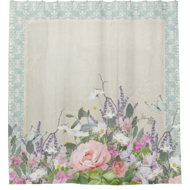 Elegante, moderne Shabby Country Chic Blumenzwiebe Duschvorhang (Vorderseite)