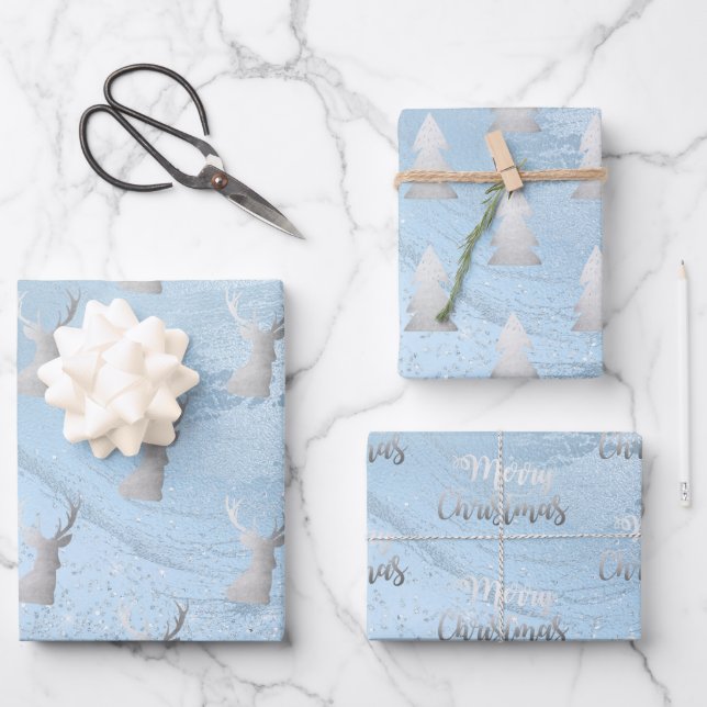 Elegante moderne silber-blaue Weihnachtsmuster Geschenkpapier Set (Vorderseite)