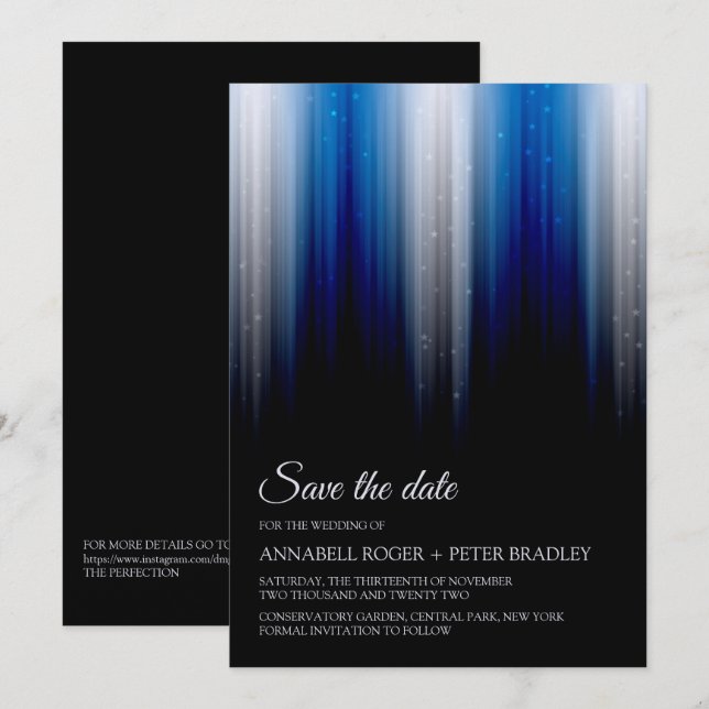 Elegante, moderne Silberblaue Hochzeit rettet das  Einladung (Vorne/Hinten)