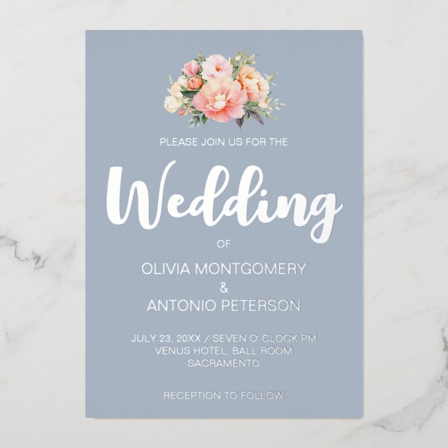 Elegante moderne Silve Pink Peony Dusty Blue Weddi Folieneinladung (Vorderseite)
