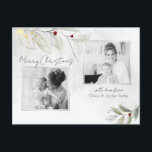 Elegante Moderne Silver Christmas Floral 2-Foto Feiertagspostkarte<br><div class="desc">Elegante,  moderne und minimalistisch gezeichnet silberne Linien-Blätter,  rote Beeren und goldene Glitzern auf silberfarbenem Hintergrund mit zwei quadratischen Bildvorlagen und drei bearbeitbaren Textfeldern. Zurück enthält zusätzliche Textfelder.</div>