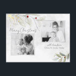 Elegante Moderne Silver Christmas Floral 2-Foto Feiertagspostkarte<br><div class="desc">Elegante,  moderne und minimalistisch gezeichnet silberne Linien-Blätter,  rote Beeren und goldene Glitzern auf silberfarbenem Hintergrund mit zwei quadratischen Bildvorlagen und drei bearbeitbaren Textfeldern. Zurück enthält zusätzliche Textfelder.</div>