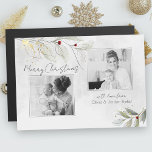 Elegante Moderne Silver Christmas Floral 2-Foto Magnetkarte<br><div class="desc">Elegante,  moderne und minimalistisch gezeichnet silberne Linien-Blätter,  rote Beeren und goldene Glitzern auf silberfarbenem Hintergrund mit zwei quadratischen Bildvorlagen und drei bearbeitbaren Textfeldern.</div>