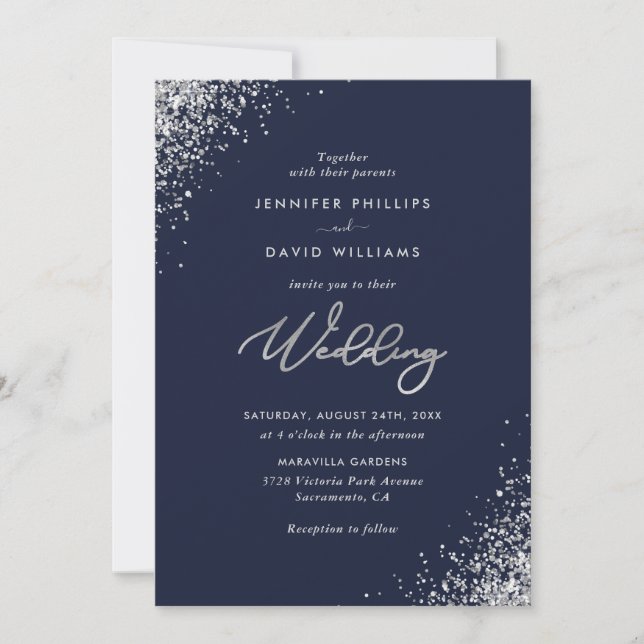 Elegante Moderne Silver Glitzer Navy Blue Wedding Einladung (Vorderseite)