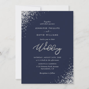 Elegante Moderne Silver Glitzer Navy Blue Wedding Einladung