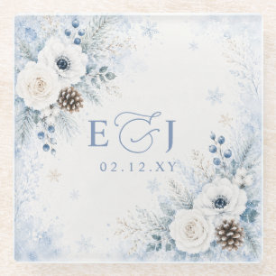 Elegante moderne staubblaue florale Winterhochzeit Glasuntersetzer