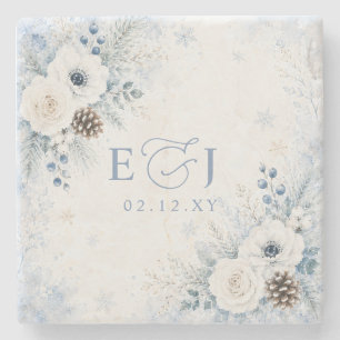 Elegante moderne staubblaue florale Winterhochzeit Steinuntersetzer