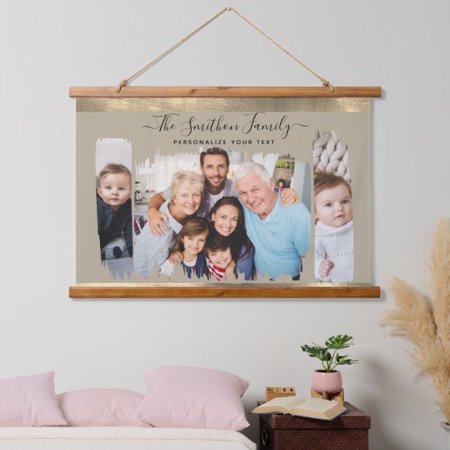 Elegante moderne Taupe & Gold - Ihre Foto-Familie  Wandteppich Mit Holzrahmen (Schlafzimmer)