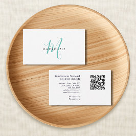 Elegante moderne tealfarbene Schriftmonogramm-QR-C Visitenkarte