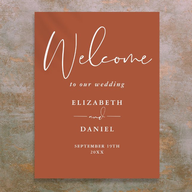 Elegante Moderne Terracotta Hochzeitsfeier Poster (Elegant Modern Terracotta Wedding Welcome Sign)
