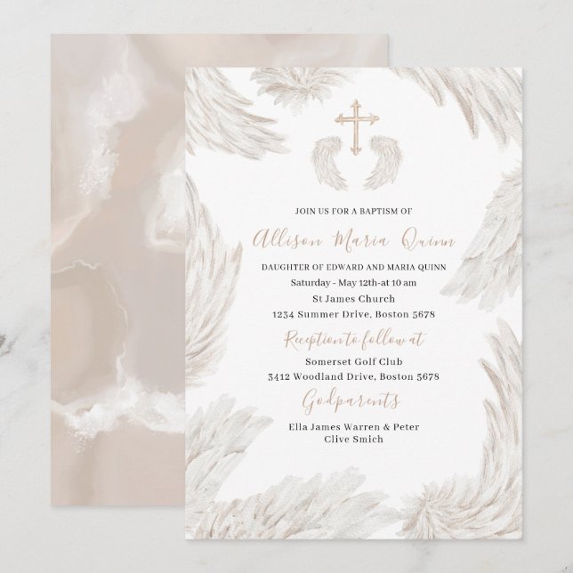 Elegante Moderne Wasserfarbe Beige Wings Angel Bap Einladung (Vorne/Hinten)