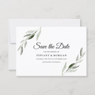 Elegante moderne Wasserfarbe Grüne Blatt Hochzeit Save The Date
