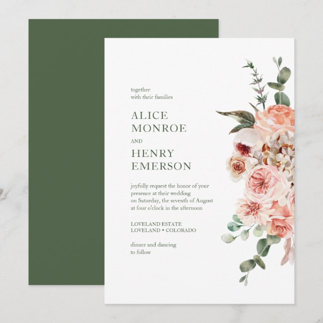 Elegante Moderne Wasserfarbe Rosa Rosen Hochzeit Einladung (Vorne/Hinten)