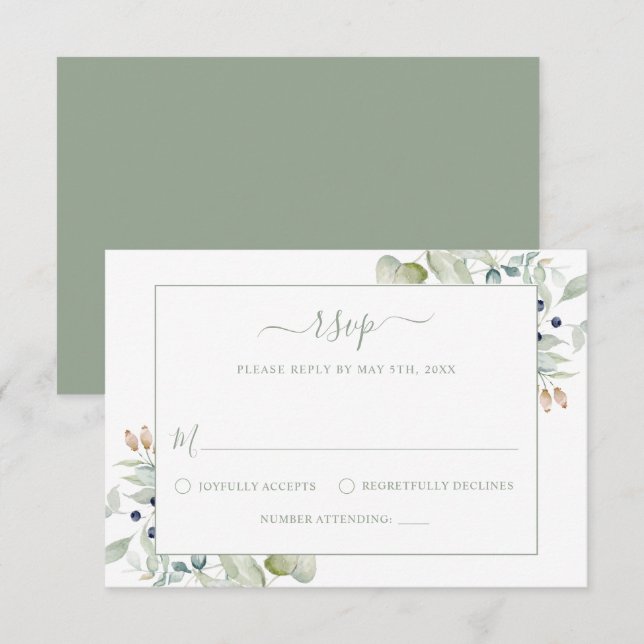 Elegante Moderne Wasserfarbensage Botanische Hochz RSVP Karte (Vorne/Hinten)