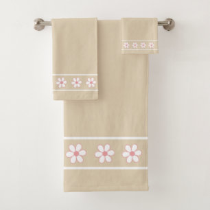 Elegante, moderne weiße Blumen auf hellbeigem Hint Badhandtuch Set
