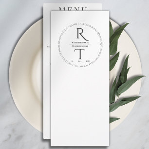 Elegante, moderne, weiße Holzkohle-Monogramm-Hochz Menükarte