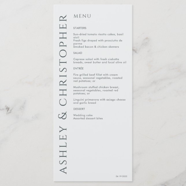 Elegante Moderne Weltraum Gray Wedding Menükarte (Vorderseite)