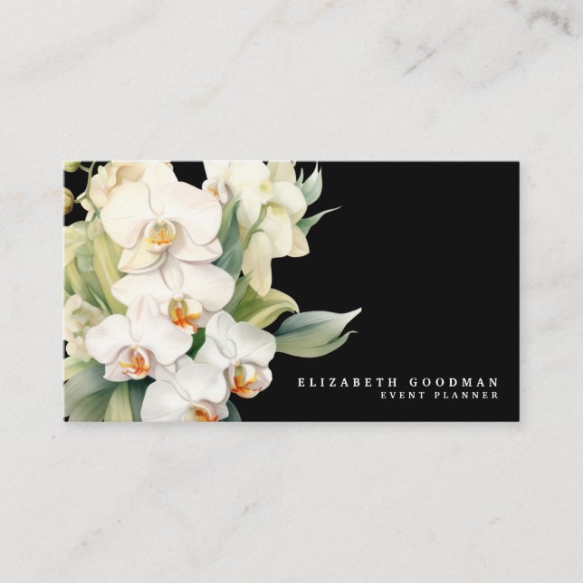 Elegante moderne White Orchids Schwarze Visitenkar Visitenkarte (Vorderseite)