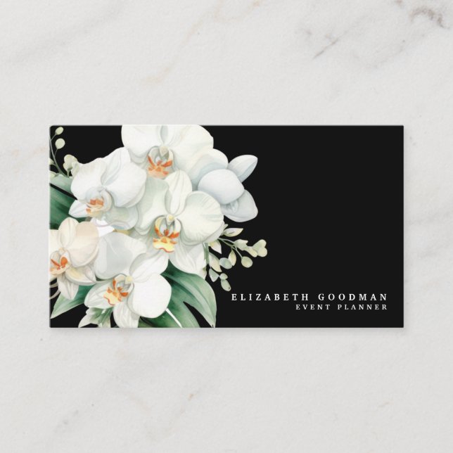 Elegante moderne White Orchids Schwarze Visitenkar Visitenkarte (Vorderseite)