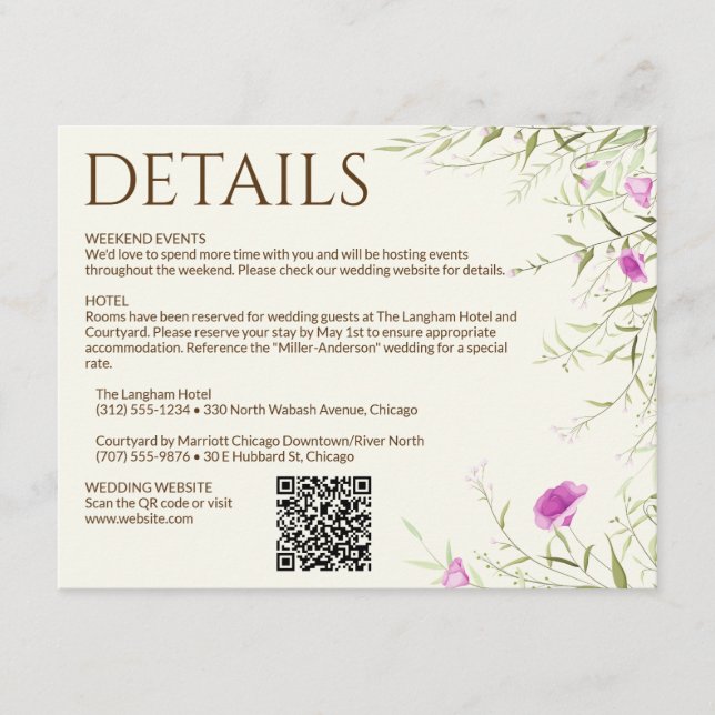 Elegante moderne Wildblume Offweiße Hochzeit Begleitkarte (Vorderseite)