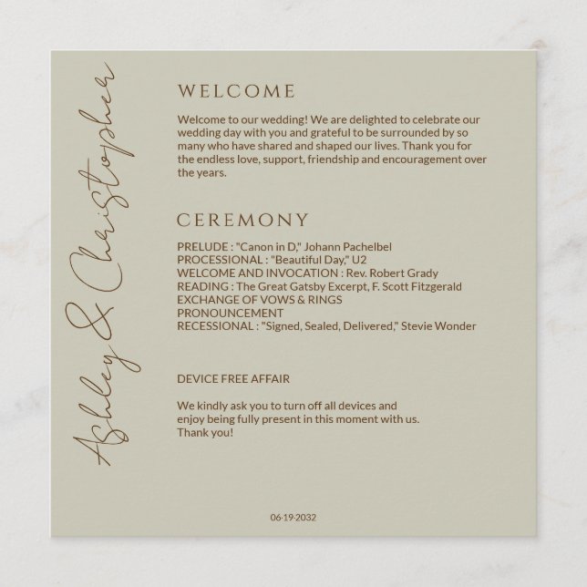 Elegante Moderne Wildblume Taupe Wedding Programm (Vorderseite)