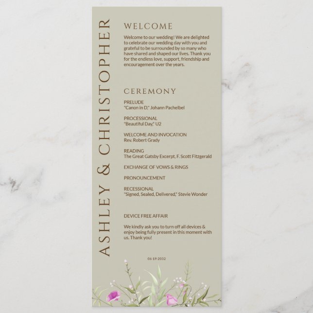 Elegante Moderne Wildblume Taupe Wedding Programm (Vorderseite)