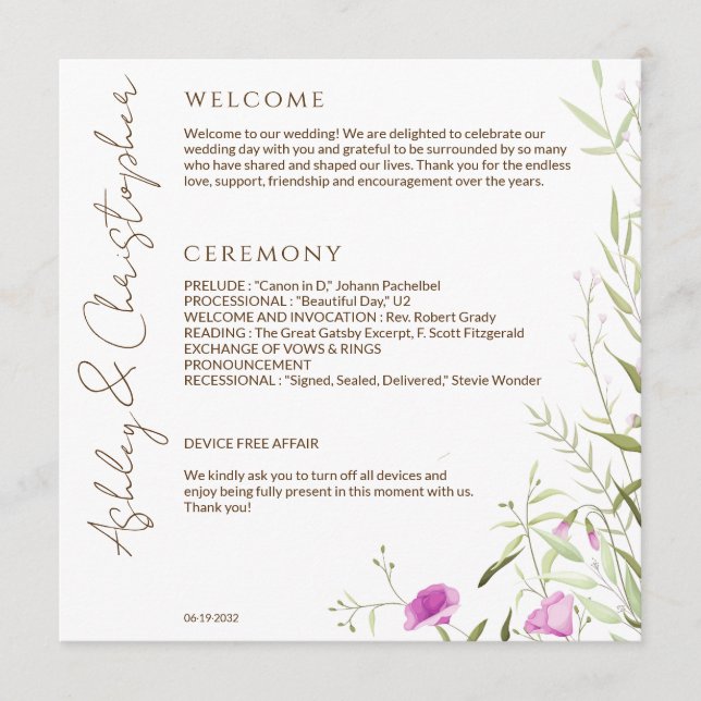 Elegante Moderne Wildblume White & Bronze Wedding Programm (Vorderseite)