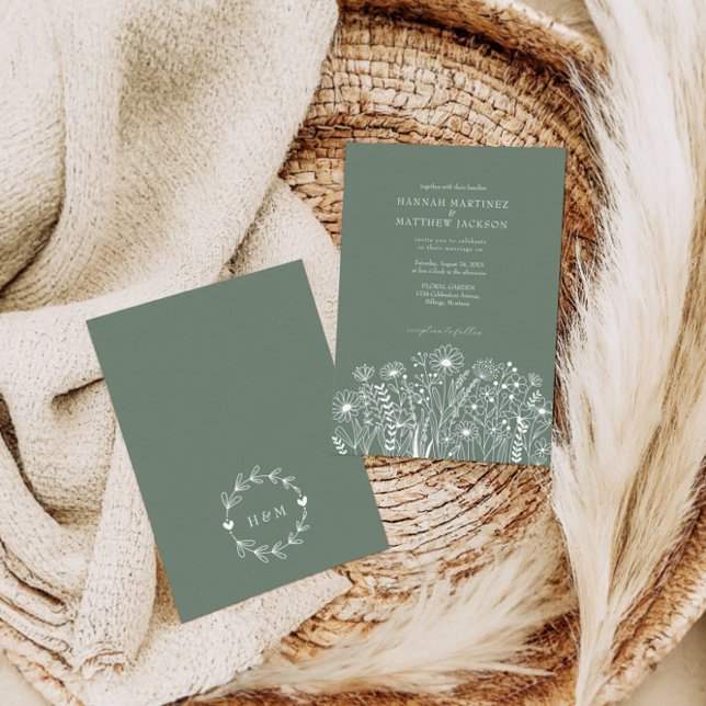 Elegante Moderne Wildblumen feiern Grüne Hochzeit Einladung (Von Creator hochgeladen)