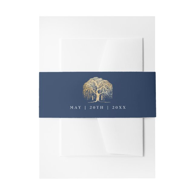 Elegante Moderne Willow Tree Navy Blue Gold Hochze Einladungsbanderole (Vorderseite Beispiel)