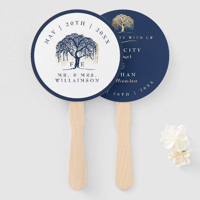 Elegante Moderne Willow Tree Navy Blue Gold Hochze Fächer (Vorne und Hinten)