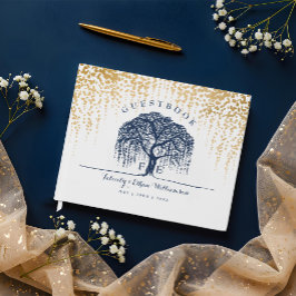 Elegante Moderne Willow Tree Navy Blue Gold Hochze Gästebuch