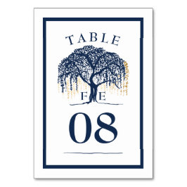 Elegante Moderne Willow Tree Navy Blue Gold Hochze Tischnummer