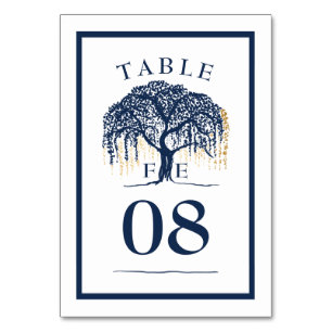 Elegante Moderne Willow Tree Navy Blue Gold Hochze Tischnummer