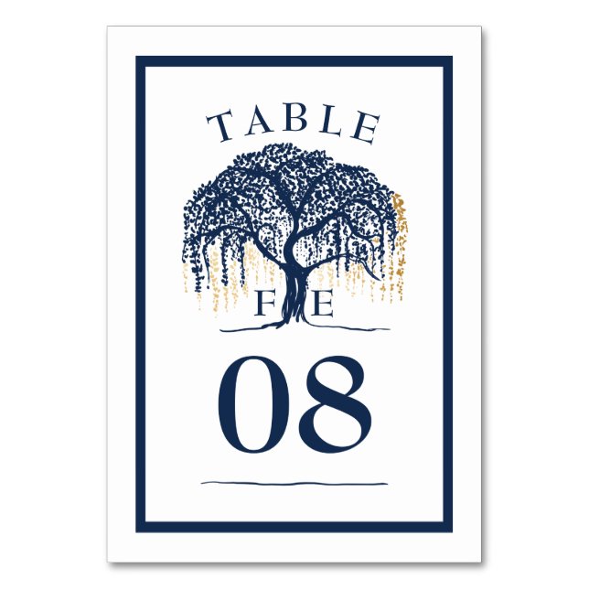 Elegante Moderne Willow Tree Navy Blue Gold Hochze Tischnummer (Vorderseite)