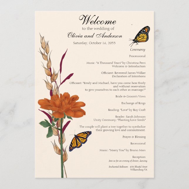 Elegante Monarch Butterfly Fall Blumenhochzeit Programm (Vorderseite)