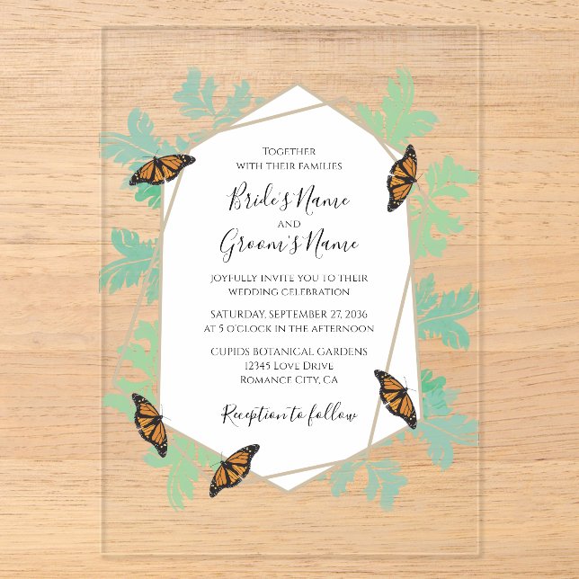 Elegante Monarch Butterfly Hochzeit Acryleinladungen (Vorderseite)